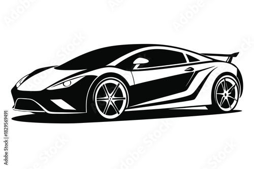 Sleek black and white modern sports car stands gracefully in detailed monochrome profile view