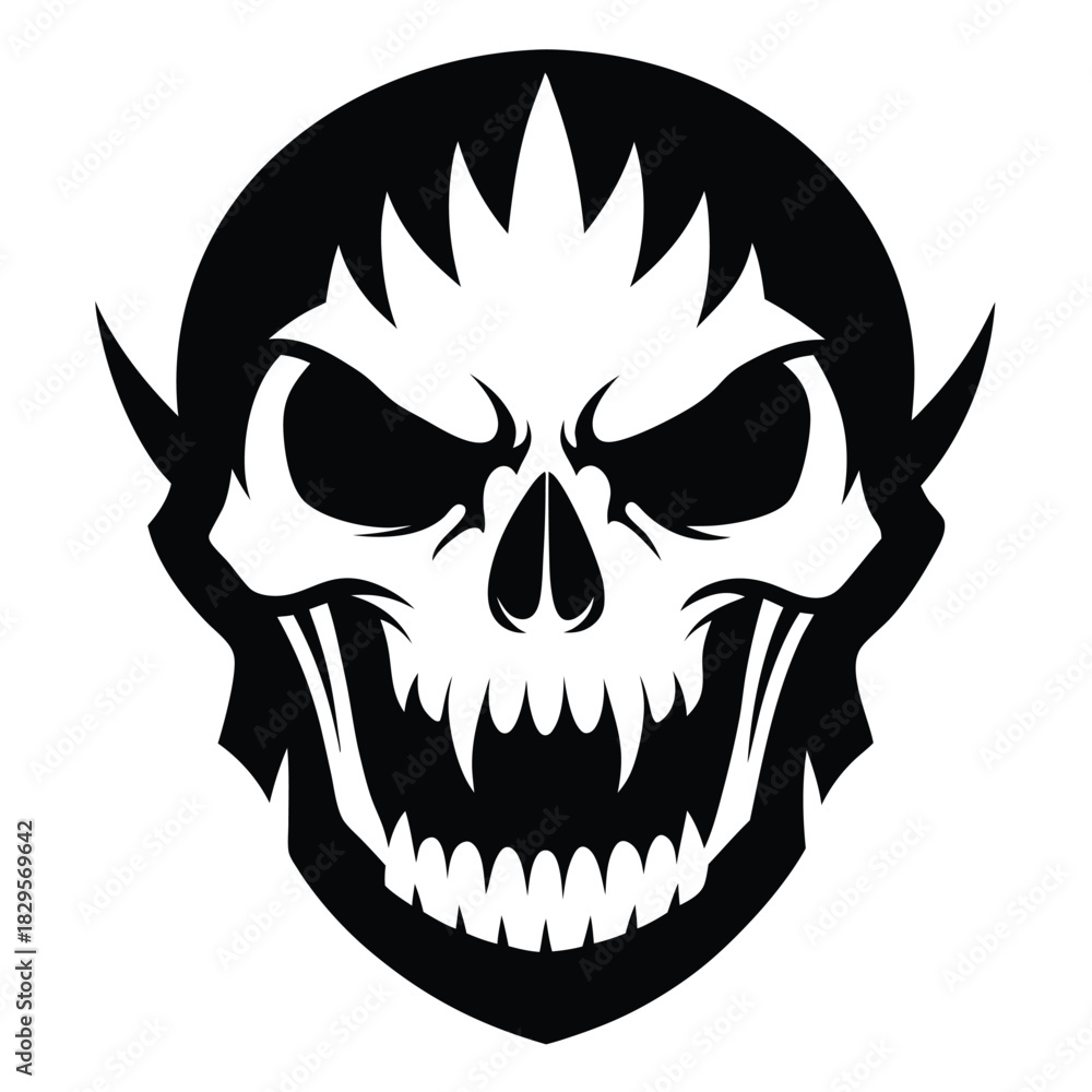 Fototapeta premium Black and white skull with sharp teeth and horns exudes a sinister aura
