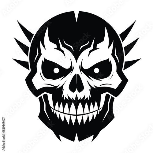 Spiked black skull with menacing eyes and jagged teeth stares intensely forward