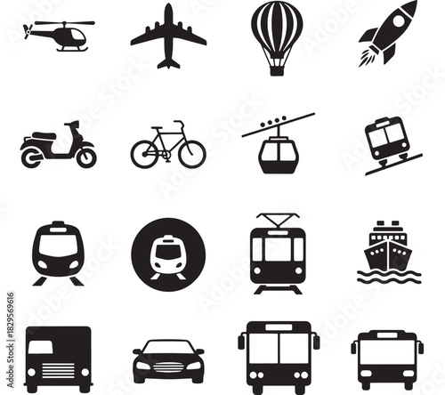a collection of various transportation modes including planes helicopters cars trains and ships in black silhouettes on transparent background high quality professional detailed modern elegant stylish