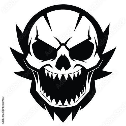 Sharp teeth on a black skull within a jagged aura gives off scary vibes
