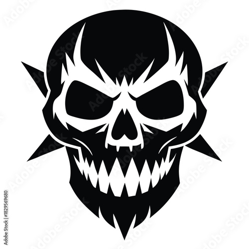 Black skull with evil grin and spiked design shows intimidating power