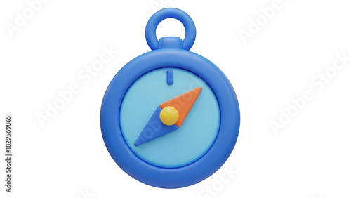 Cute 3d rendering of a blue navigation compass icon with orange needle, isolated on transparent background