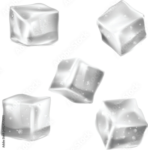 A set of five realistic, clear ice cubes scattered against a plain white background.