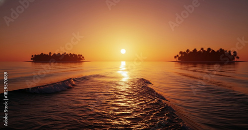Golden sunset sky reflecting on calm ocean with silhouetted tropical islands and gentle waves