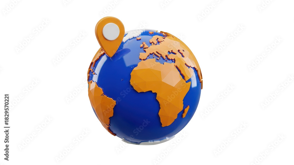 Fototapeta premium 3d rendering of a glossy blue and orange earth globe with a location pin marker placed on top, isolated on transparent background