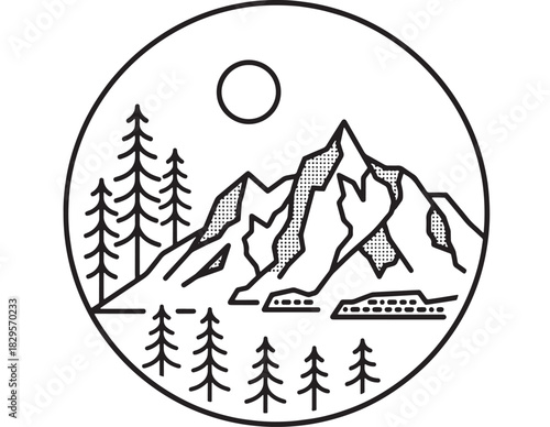 a circular design featuring a mountain landscape with evergreen trees and a sun presented as a striking silhouette on transparent background high quality professional detailed modern