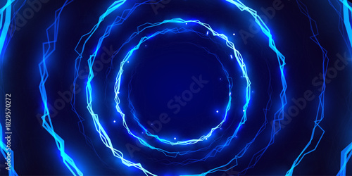 Abstract futuristic portal with glowing blue light rings creating an energetic tunnel effect.