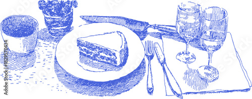 A blue and white drawing of a plate with a slice of cake on it. A knife and fork are on the plate. A wine glass is on the table. vector illustration