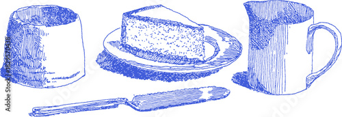 A blue plate with a piece of cake on it. A knife is next to the plate. A cup is on the right side of the plate. vector illustration