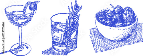 A glass of wine, a bowl of fruit, and a martini glass. The martini glass is filled with a drink. vector illustration