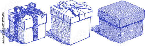 Three boxes with a bow on top. The boxes are blue and white. The boxes are stacked on top of each other. vector illustration
