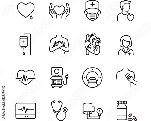 a collection of medical icons featuring hearts hands masks and healthcare equipment in a minimalist style on transparent background silhouette high quality professional detailed modern elegant