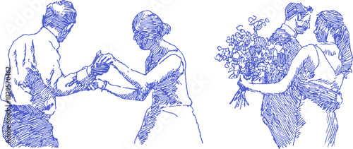 A man and a woman are dancing. The man is holding the woman's hand. vector illustration