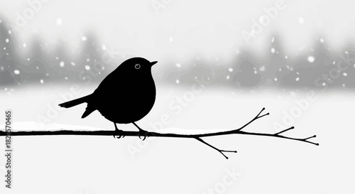 Silhouette of a bird perched on a branch in a snowy landscape.