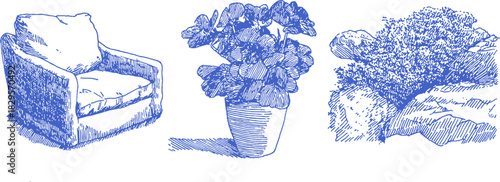 A blue chair with a pillow on it. A blue vase with a plant in it. vector illustration