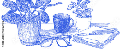 A blue and white drawing of a table with a cup, a plant, and a book. The plant is in a pot and the cup is placed on the table. vector illustration