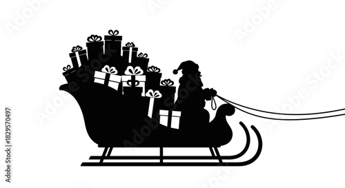 Silhouette of Santa Claus in his sleigh full of presents, pulled by reindeer.