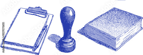A blue book with a stamp on it. The stamp is on a piece of paper. The paper is on a clipboard. vector illustration