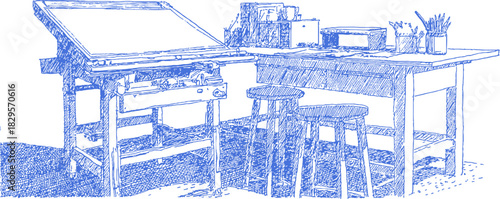 A blue drawing of a desk with a table and chairs. The table has a drawer and a shelf. vector illustration