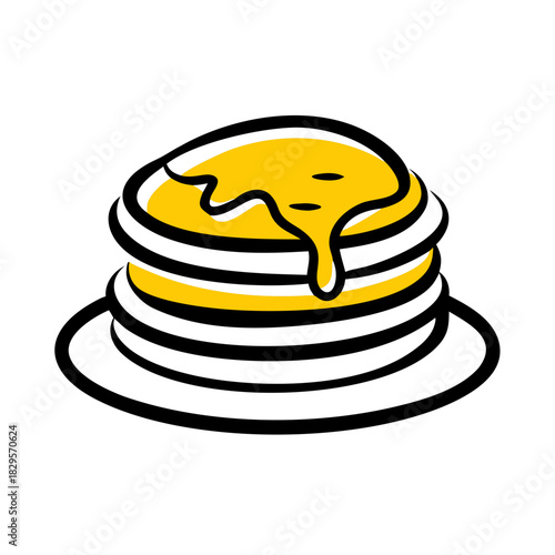 Stack of pancakes with syrup dripping on white plate  