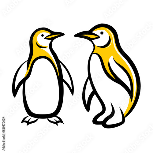 Two cartoon penguins with yellow accents in playful poses  