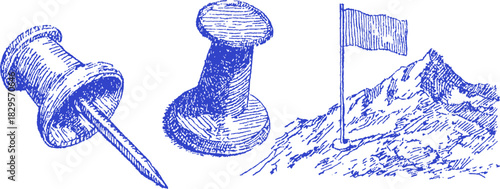 A blue and white drawing of a mountain with a flag and a pin. The flag is on the right side of the mountain. vector illustration