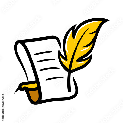 Quill pen writing on parchment paper with golden feather design  