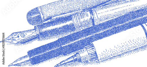 A blue pen with a black tip sits on top of two other pens. The pens are all different sizes and colors. vector illustration