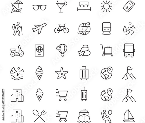a collection of minimalist line icons depicting travel leisure and vacation themes including a person silhouette on transparent background high quality professional detailed modern elegant stylish