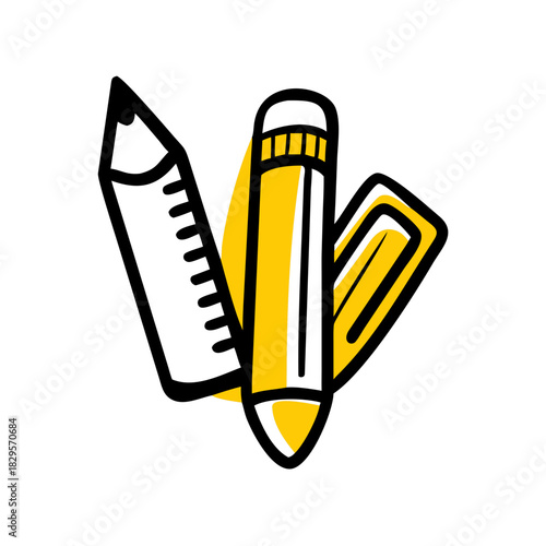 Drawing tools including pencil, ruler, and sharpener in yellow design  