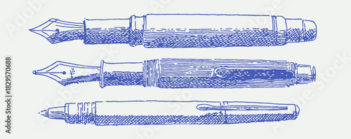 Three pens are shown in blue. The middle pen is the longest. The left pen is the shortest. vector illustration