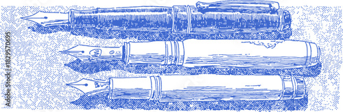 Three pens are shown in a blue and white color scheme. The pens are lined up next to each other. vector illustration