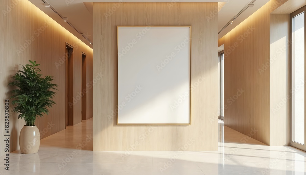 Naklejka premium Spacious corridor with blank frame mockup on wood paneling. Modern interior features plant in beige pot with bright lights from window and ceiling. Design space for visual advertisement.