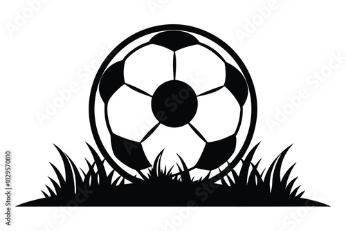 Black and white soccer ball nestled among tall blades of grass, minimalist simplicity