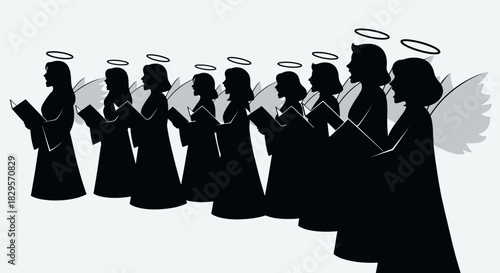 Silhouette of a choir of angels singing with halos and wings.