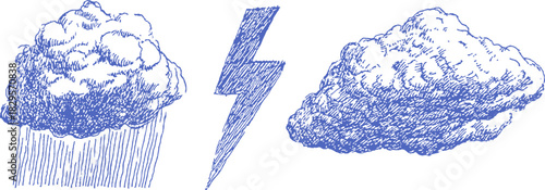 A drawing of a cloud with a lightning bolt in the middle. The drawing is blue and white. vector illustration
