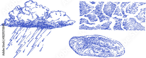 A drawing of a cloud, a raindrop, and a rock. The cloud is blue and the raindrop is white. vector illustration