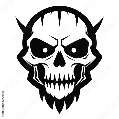 A stylized demon skull with prominent horns and sharp teeth faces forward boldly