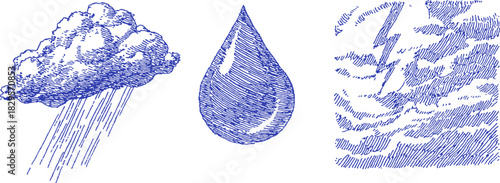 A blue drawing of a cloud, a raindrop, and a cloud with a raindrop. The drawing is in blue and has a watermark. vector illustration