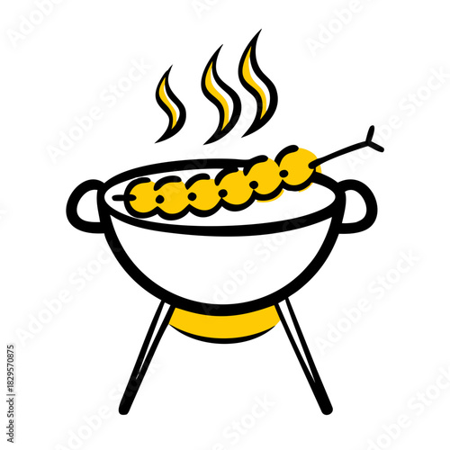 Barbecue grill with skewered meat cooking and emitting steam  