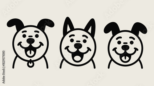 Three cartoon dog faces with different ear shapes and happy expressions in a simple black and white style