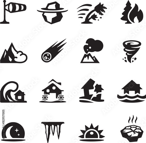 a collection of diverse weather and natural disaster icons featuring mountains waves storms volcanoes and more presented in a bold silhouette on transparent background high quality