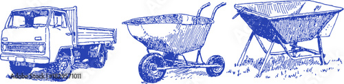 A blue truck is parked next to a blue wheelbarrow. The truck is parked on the left side of the wheelbarrow. vector illustration