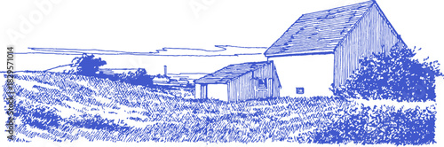A blue and white drawing of a farm with a barn and a house. The barn is in the foreground and the house is in the background. vector illustration