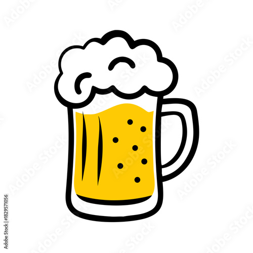 Beer mug filled with yellow beer and frothy white foam  