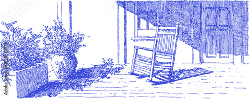 A blue and white drawing of a patio with a chair and a potted plant. The chair is empty and the potted plant is in the foreground. vector illustration