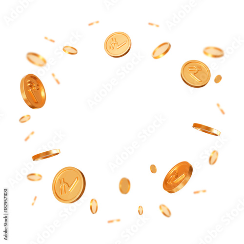 3d flying gold gold Indian rupees coins on white isolated background. Square format. Rich or casino luck concept. Precious expensive treasure. Stock vector illustration.	
