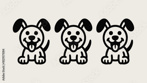 Three cartoon dogs with black outlines and tongues sticking out on a white background, lined up neatly