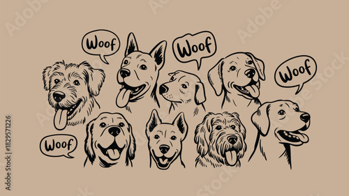 A collection of dog head drawings with woof speech bubbles on a beige background in a cartoon style